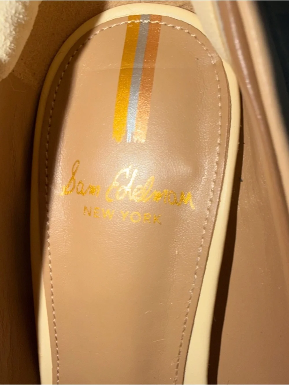 NWOT Sam Edelman Cream and Brown Leather Block Heel Loafers with Gold Chain - Picture 10 of 16